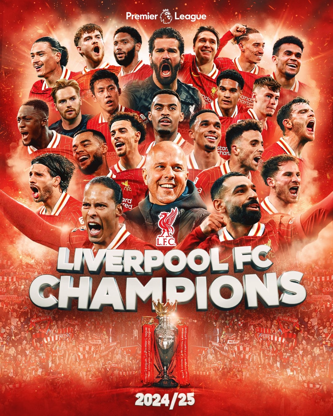 Ngoại hạng Anh 2024/2025: Vô địch sớm, Liverpool cân bằng thành tích với MU
